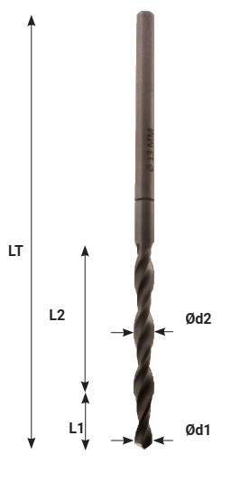 Mèche à percer HW brasé Débouchant Ø5 LU.27 LT.57.5 Q10 Méplat Z2 Rot.Gauche 