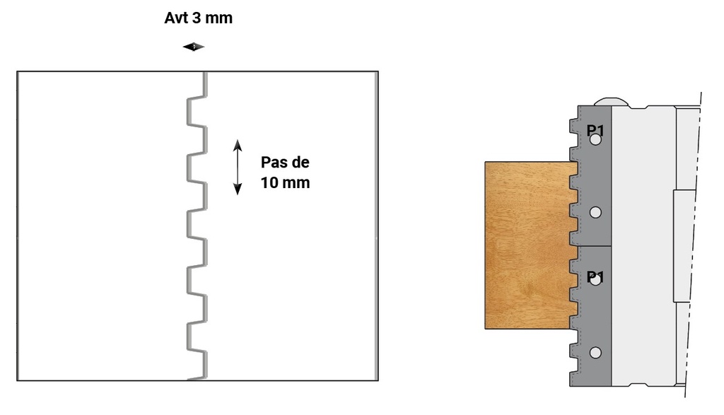 P.O. à profiler   à plaquettes HW   Bouvetage   Trapézoïdal Pas=10mm  Ø 126  LU. 100  d 50  Z 2 Rot. Gauche / Droite