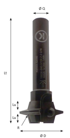 Mèche à profiler à plaquettes HW Chanfrein 45° Ø40 LC.8.8 LU.8.8 LT.100 Q16 Z2 Neutre Rot.Droite Travail dessus / dessous