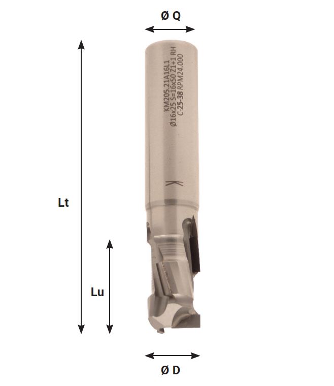 Mèche à défoncer Diamant ( H=2.5) Finition Ø20 LC.65 LU.65 LT.129 Q20 Z1+1 Hél. Positive/Négative Rot.Droite - Corps Acier inox