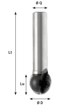Mèche à profiler   à plaquettes HW   Boule   R9.5  Ø 19  LC. 17  LU. 17  LT. 67  Q 12  Z 2   Biaise positive  Rot. Droite 