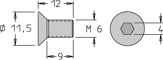 Vis tête fraisée   M6  x 12   6 pans H4.0 pour Grain d'Orge
