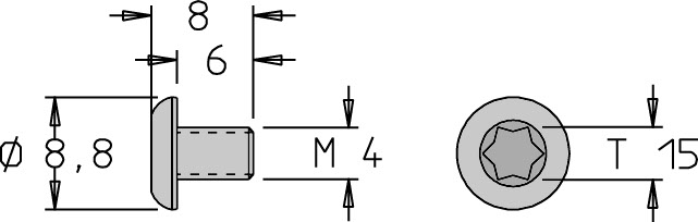 Vis tête bombée   M4  x 8   Torx T15 
