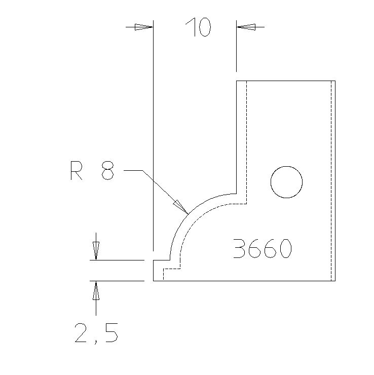PLAQUETTE CONTRE PROFIL 1/4 ROND 8MM CARRE 2.5MM T.DESSUS