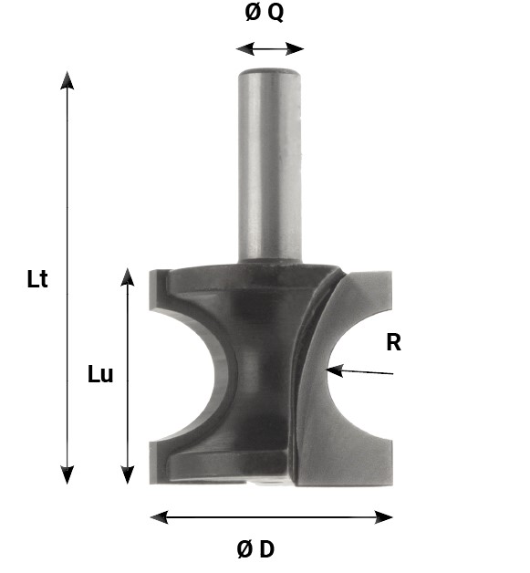 Mèche à profiler   HW Brasé   1/2 rond   R5  Ø 21  LC. 18  LU. 18  LT. 48  Q 8  Z 2  Rot. Droite 
