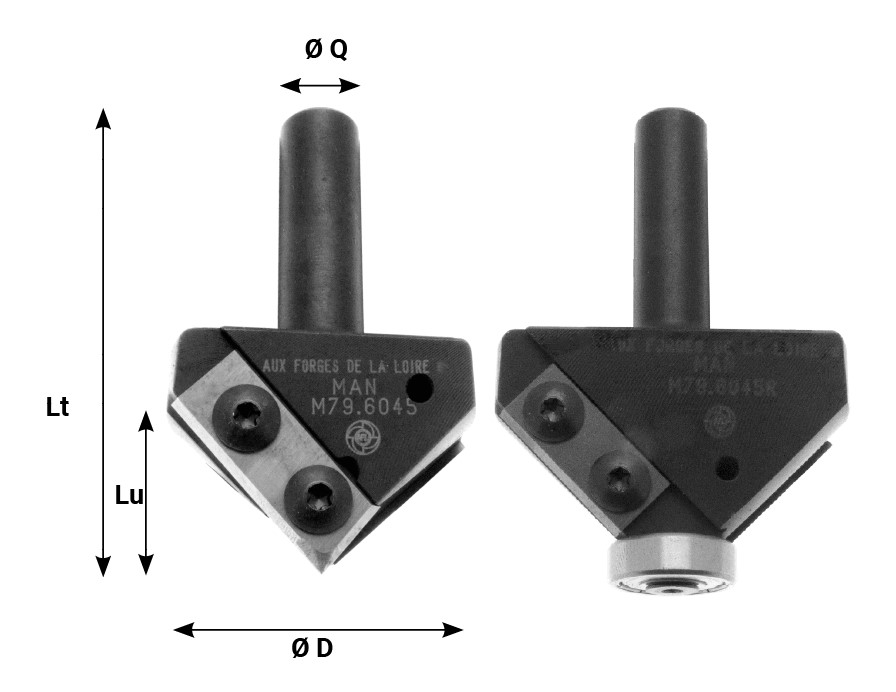 Mèche à profiler   à plaquettes HW   Chanfrein   45°  Ø 54  LC. 21  LU. 21  LT. 75  Q 12  Z 2  Rlmt. à l'extrémité  Rot. Droite 