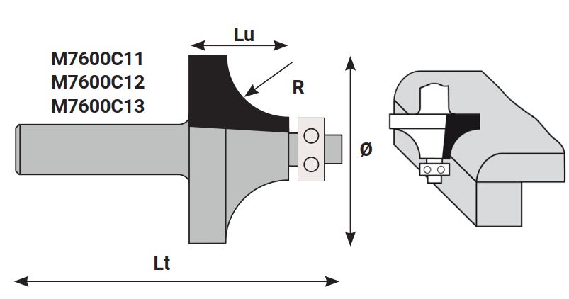 Mèche à profiler SolidSurface HW Brasé 1/4 de rond R19 Ø51 LC.25 LU.25 LT.72 Q12 Z2 Rlmt.à l'extrémité Rot.Droite 