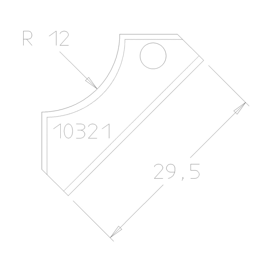Plaquette 1/4 de rond R12 dessous 29.5x12x1.5 mm