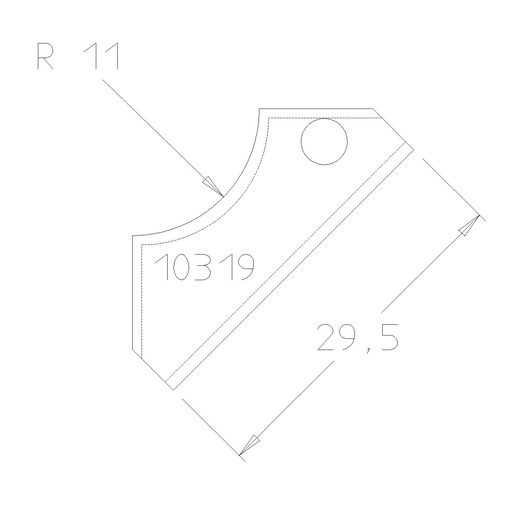 Plaquette 1/4 de rond R11 dessous 29.5x12x1.5 mm