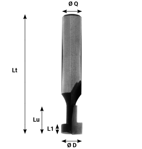 Mèche à profiler   HW Brasé   En T  Ø 9.8 - 5.0  LC. 4.1  LU. 9.8  LT. 38  Q 8  Z 2  Rot. Droite 