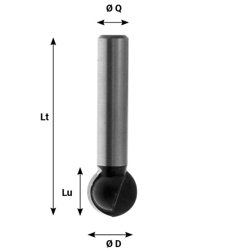 Mèche à profiler HW Brasé Boule R12.7 Ø25.4 LC.24 LU.24 LT.70 Q12 Z2 Rot.Droite 