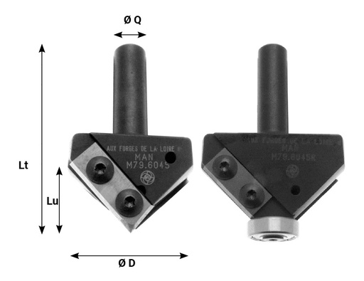 Mèche à profiler   à plaquettes HW   Chanfrein   45°  Ø 42.2  LC. 21  LU. 21  LT. 75  Q 12  Z 2  Rot. Droite 