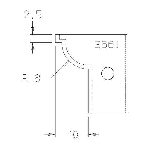 PLAQUETTE CONTRE PROFIL 1/4 ROND 8MM CARRE 2.5MM T.DESSOUS