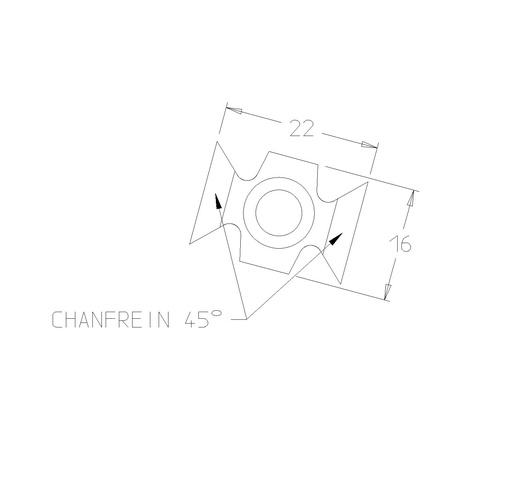 Briseur d'arête   Carbure   Chanfrein 45°   22x16x5.0  Z 2   1 trou fraisé 